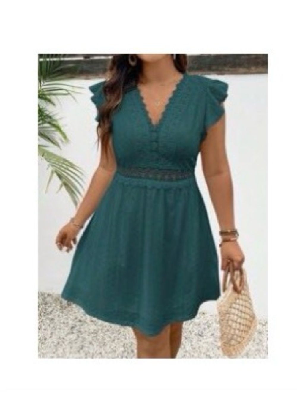 Teal Lace-Trim Flutter Sleeve Dress